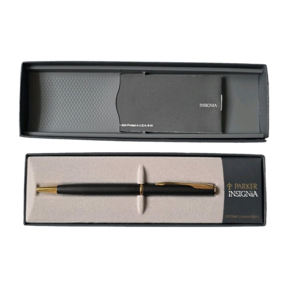 Parker Insignia Ball Pen Matte Black Gold Trim USA New 1991 Box Papers Vtg